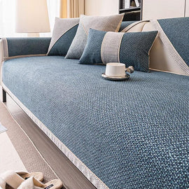 Linen-Look Sofa Cover with Contrast Edging — fabric and styling detail