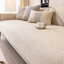 Style A — Beige sofa cover — Linen-Look Sofa Cover with Contrast Edging