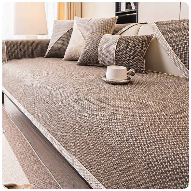 Style A — Brown sofa cover — Linen-Look Sofa Cover with Contrast Edging