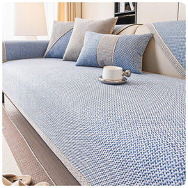 Style A — Blue sofa cover — Linen-Look Sofa Cover with Contrast Edging