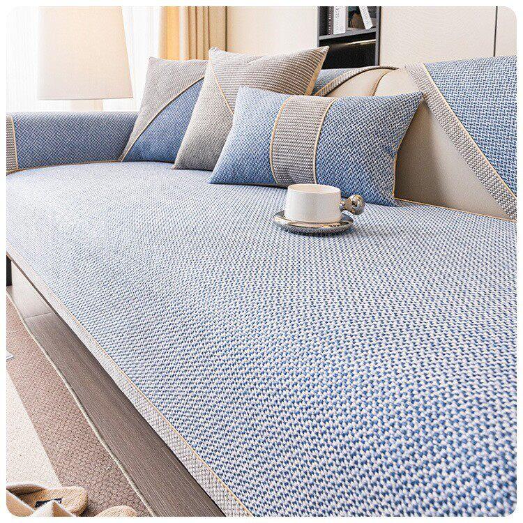 Style A — Blue sofa cover — Linen-Look Sofa Cover with Contrast Edging