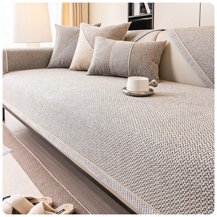 Style A — Gray sofa cover — Linen-Look Sofa Cover with Contrast Edging