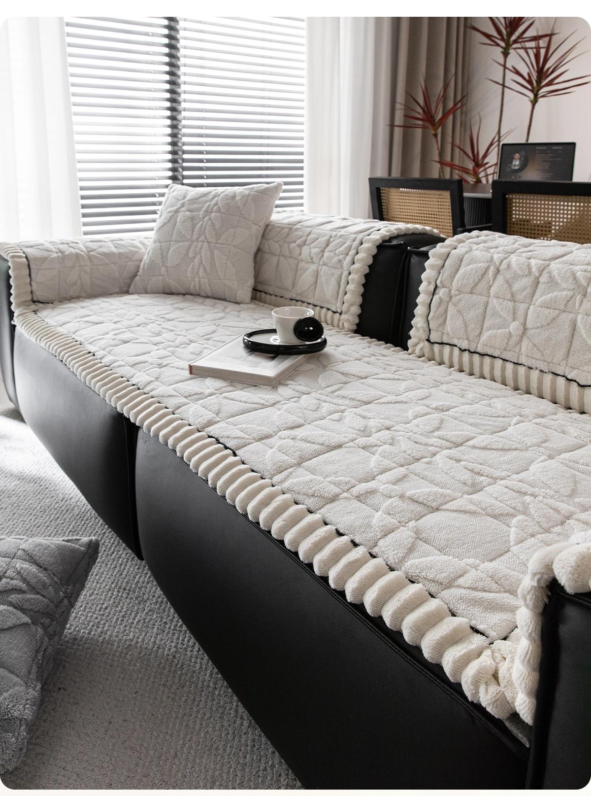 Clover-Pattern Plush Sofa Cover with Scalloped Trim — 详情_25 product detail