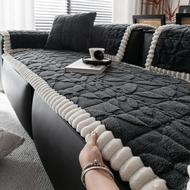 Dark Gray sofa cover — Clover-Pattern Plush Sofa Cover with Scalloped Trim