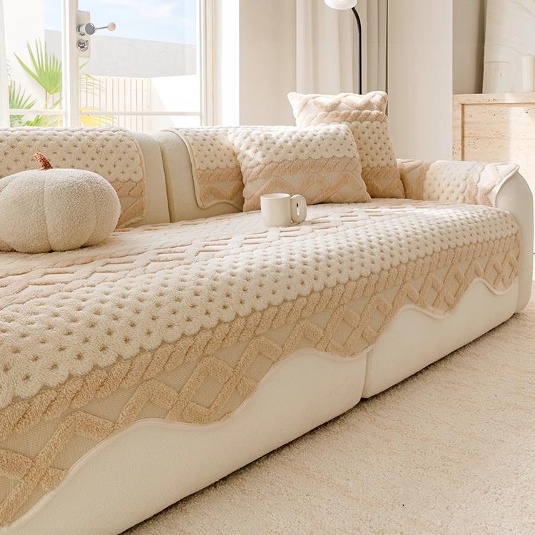 Scalloped Plush Sofa Cover with Geometric Border shown on a sofa