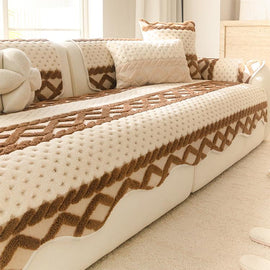 Dark Brown sofa cover — Scalloped Plush Sofa Cover with Geometric Border