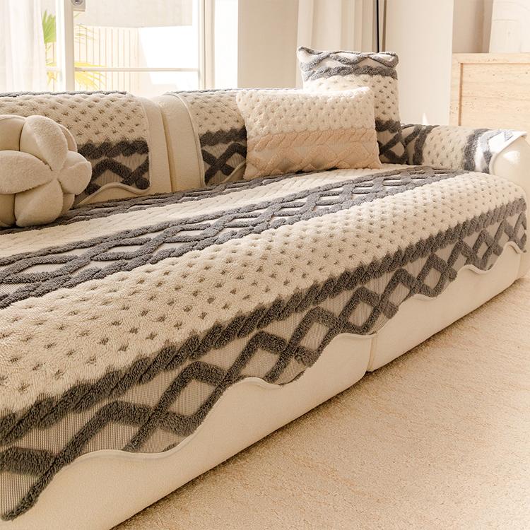 Dark Gray sofa cover — Scalloped Plush Sofa Cover with Geometric Border