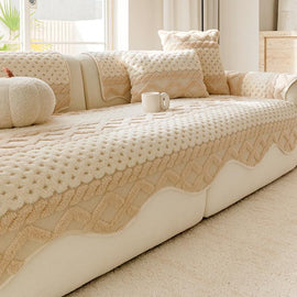Light Brown sofa cover — Scalloped Plush Sofa Cover with Geometric Border