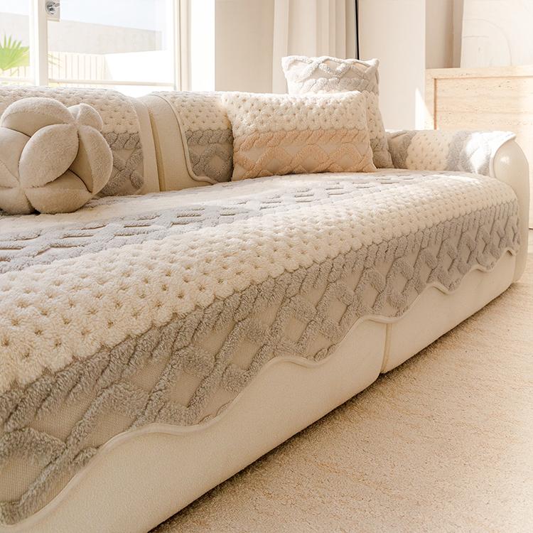 Light Gray sofa cover — Scalloped Plush Sofa Cover with Geometric Border