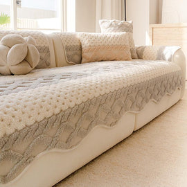 Light Gray sofa cover — Scalloped Plush Sofa Cover with Geometric Border