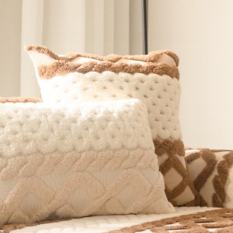 Dark Brown pillow cover — Scalloped Plush Sofa Cover with Geometric Border
