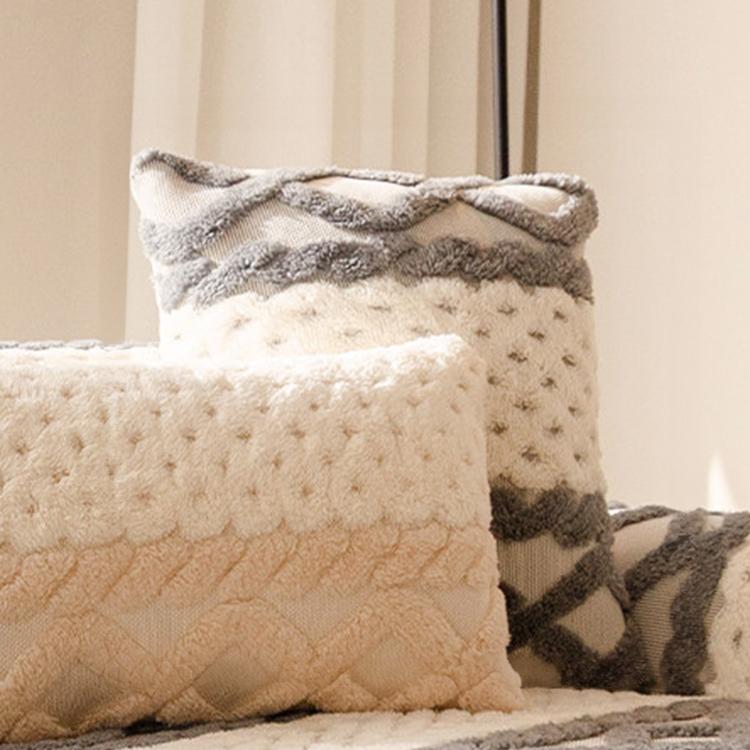 Dark Gray pillow cover — Scalloped Plush Sofa Cover with Geometric Border