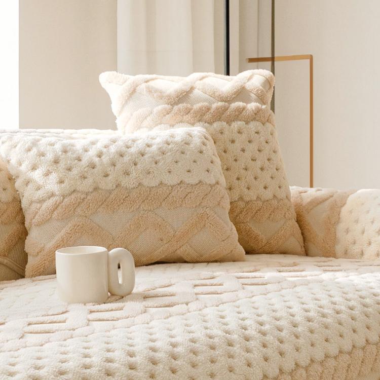 Light Brown pillow cover — Scalloped Plush Sofa Cover with Geometric Border