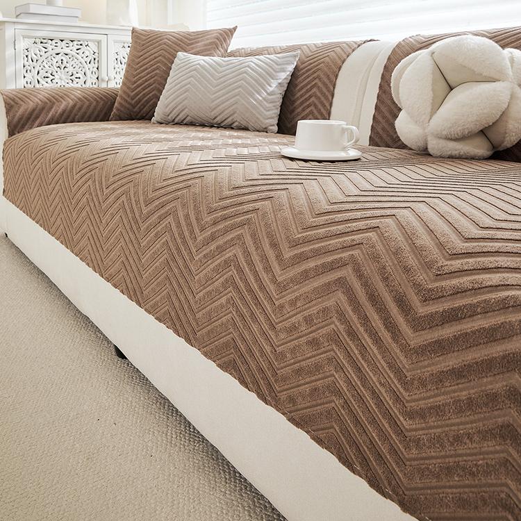 Cozy Herringbone Chenille Non-Slip Couch Cover styled on a sofa