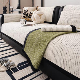 Soft Textured Chenille Contrast-Trim Non-Slip Couch Cover styled on a sofa