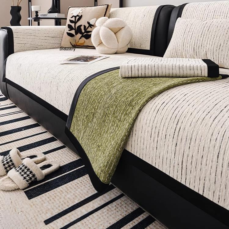 Soft Textured Chenille Contrast-Trim Non-Slip Couch Cover — fabric, design and styling detail 02