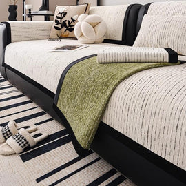 Soft Textured Chenille Contrast-Trim Non-Slip Couch Cover — fabric, design and styling detail 02