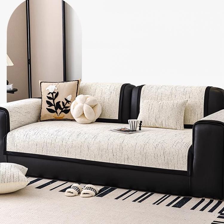 Soft Textured Chenille Contrast-Trim Non-Slip Couch Cover — fabric, design and styling detail 04