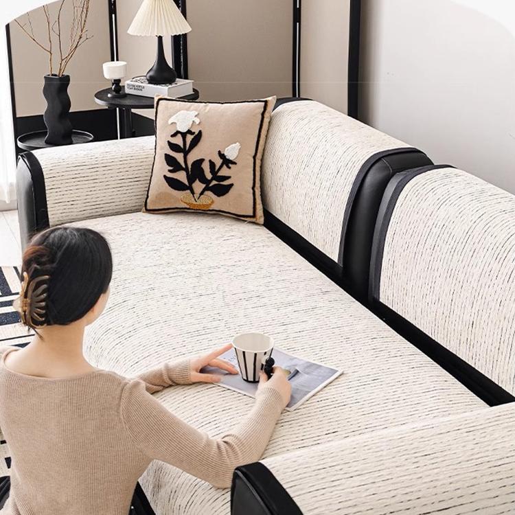 Soft Textured Chenille Contrast-Trim Non-Slip Couch Cover — fabric, design and styling detail 06