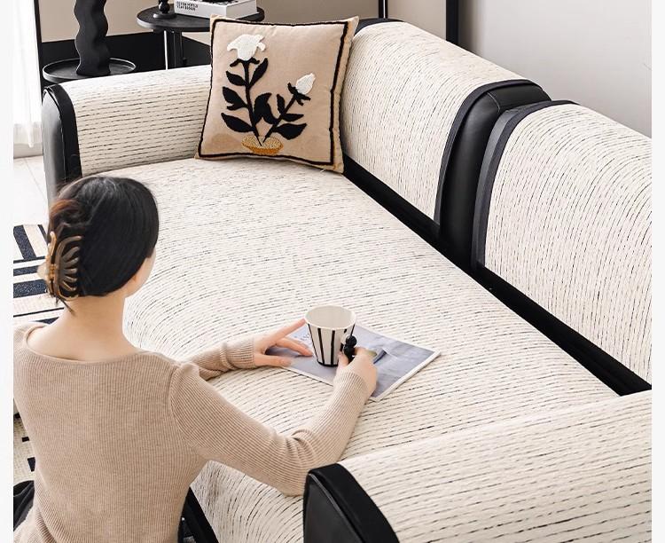 Soft Textured Chenille Contrast-Trim Non-Slip Couch Cover — fabric, design and styling detail 07