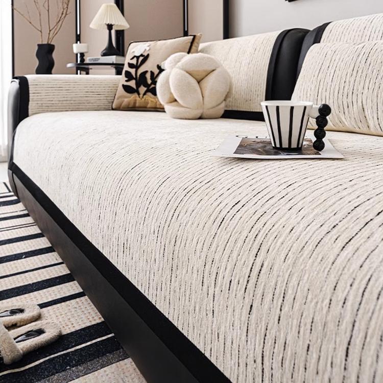 Soft Textured Chenille Contrast-Trim Non-Slip Couch Cover — fabric, design and styling detail 12