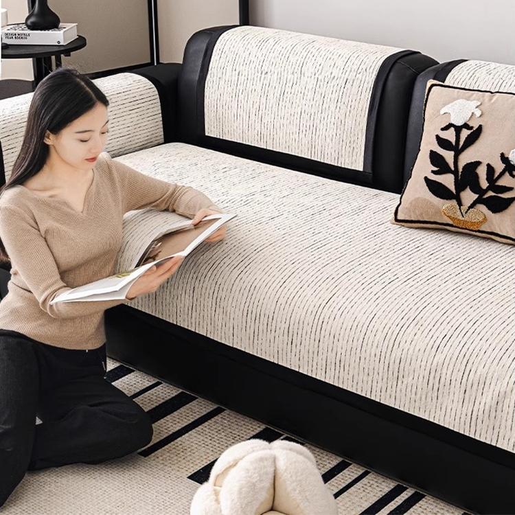 Soft Textured Chenille Contrast-Trim Non-Slip Couch Cover — fabric, design and styling detail 15