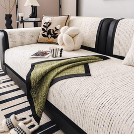 Soft Textured Chenille Contrast-Trim Non-Slip Couch Cover — fabric, design and styling detail 19