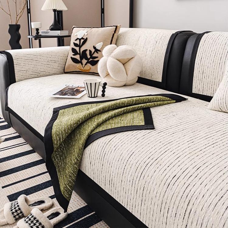 Soft Textured Chenille Contrast-Trim Non-Slip Couch Cover — fabric, design and styling detail 19