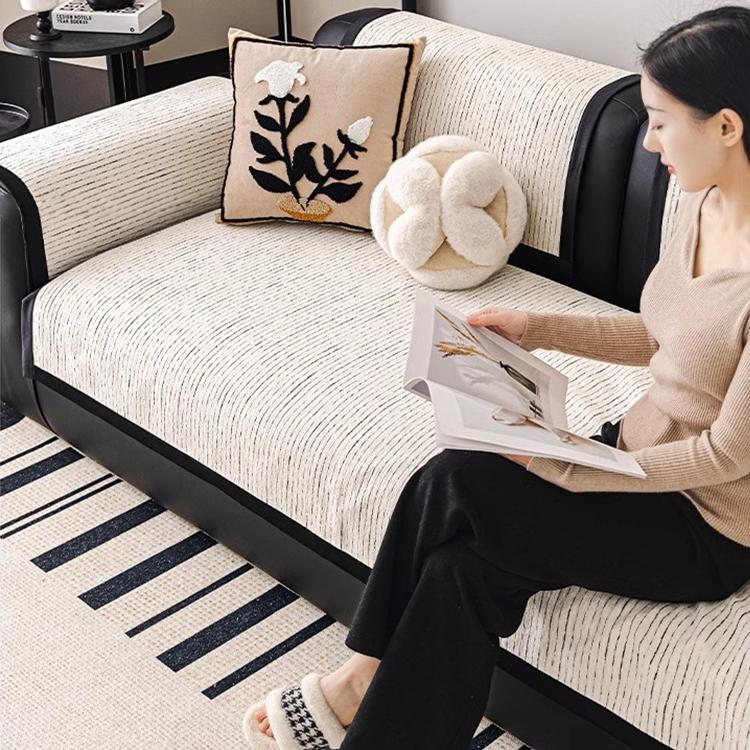Soft Textured Chenille Contrast-Trim Non-Slip Couch Cover — fabric, design and styling detail 22