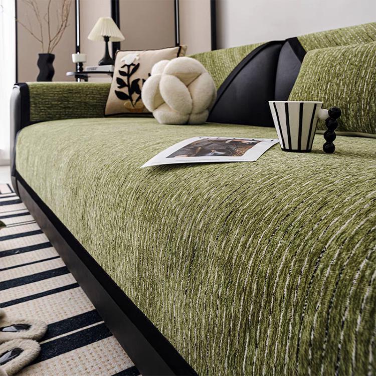  Green couch cover — Soft Textured Chenille Contrast-Trim Non-Slip Couch Cover