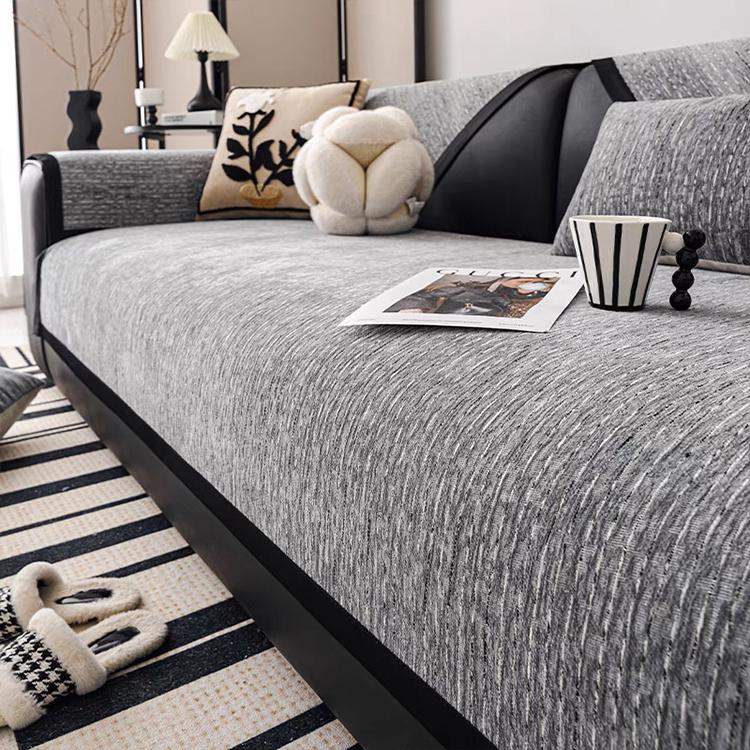  Gray couch cover — Soft Textured Chenille Contrast-Trim Non-Slip Couch Cover