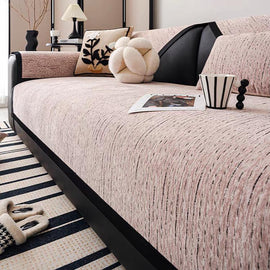  Pink couch cover — Soft Textured Chenille Contrast-Trim Non-Slip Couch Cover