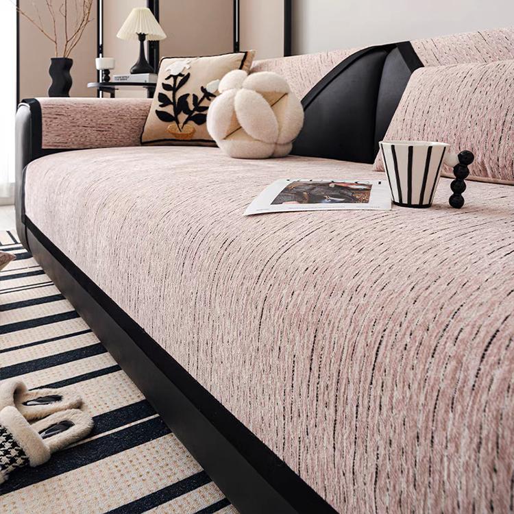  Pink couch cover — Soft Textured Chenille Contrast-Trim Non-Slip Couch Cover