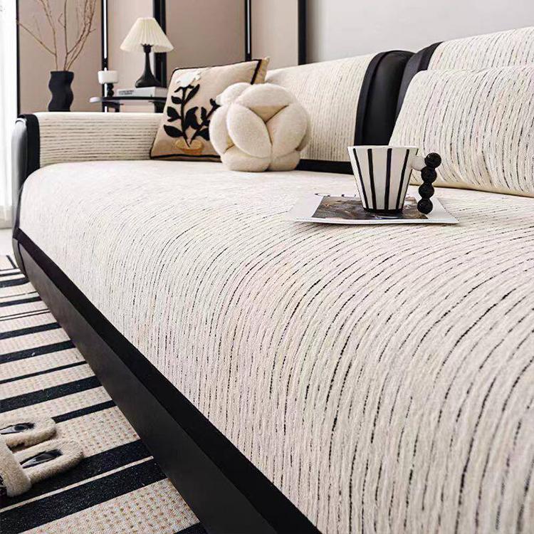  Black & White couch cover — Soft Textured Chenille Contrast-Trim Non-Slip Couch Cover