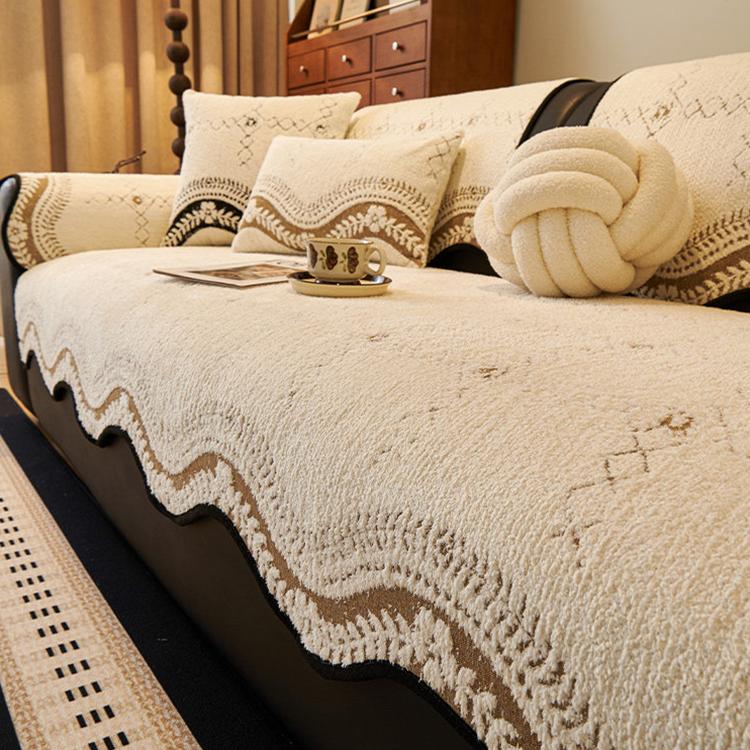 Scalloped Patterned Fleece Non-Slip Couch Cover styled on a sofa