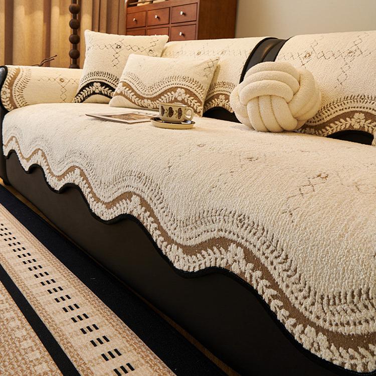 Scalloped Edge Fleece Non-Slip Couch Cover in Leaf & Abstract Designs gsft-9035 Imagen secundaria del producto
