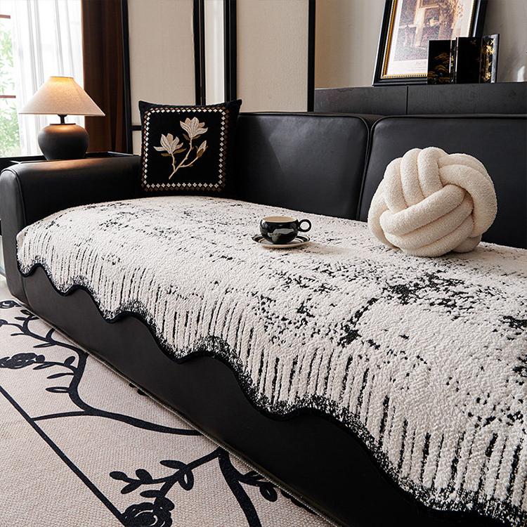 Scalloped Abstract Black couch cover — Scalloped Patterned Fleece Non-Slip Couch Cover