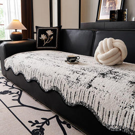 Scalloped Abstract Black couch cover — Scalloped Patterned Fleece Non-Slip Couch Cover
