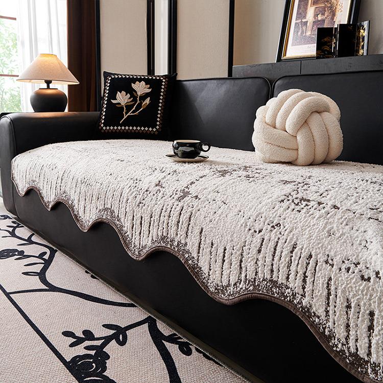 Scalloped Abstract Brown couch cover — Scalloped Patterned Fleece Non-Slip Couch Cover