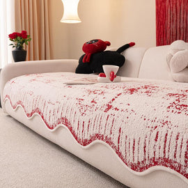 Scalloped Abstract Red couch cover — Scalloped Patterned Fleece Non-Slip Couch Cover