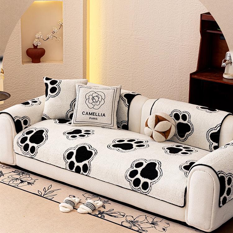 Cozy Paw Print Plush Non-Slip Couch Cover — fabric, design and styling detail 05