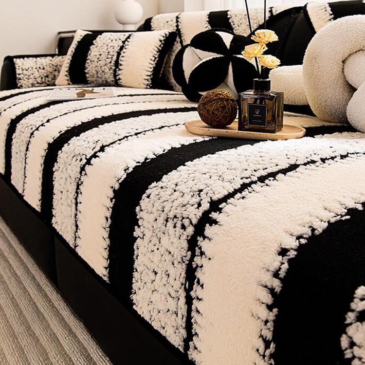 Striped & Botanical Plush Non-Slip Couch Cover styled on a sofa