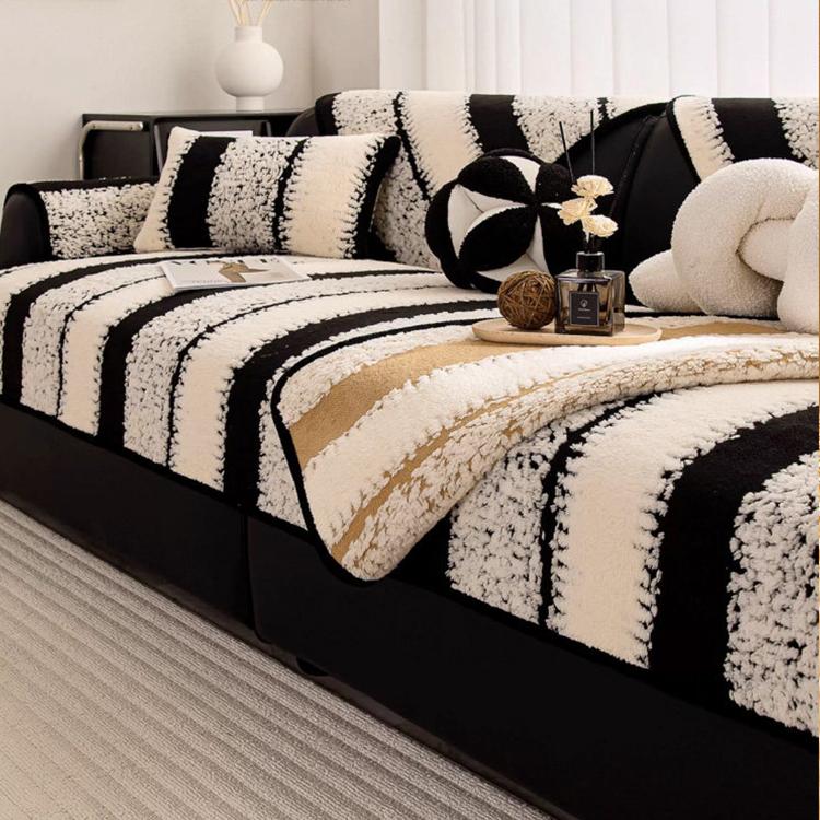 Textured Stripe & Leaf Plush Non-Slip Couch Cover gsft-9038 Secondary image
