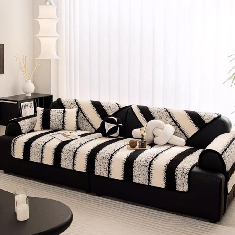 Striped & Botanical Plush Non-Slip Couch Cover — fabric, design and styling detail 05