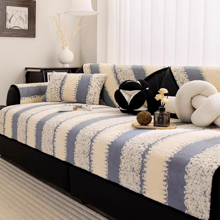 Striped & Botanical Plush Non-Slip Couch Cover — fabric, design and styling detail 20