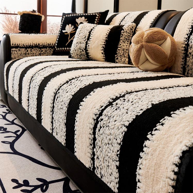 Wavy Stripes Black couch cover — Striped & Botanical Plush Non-Slip Couch Cover