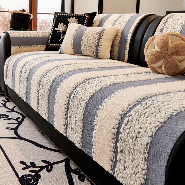 Wavy Stripes Gray couch cover — Striped & Botanical Plush Non-Slip Couch Cover