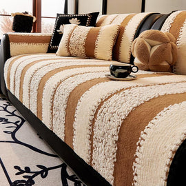 Wavy Stripes Khaki couch cover — Striped & Botanical Plush Non-Slip Couch Cover