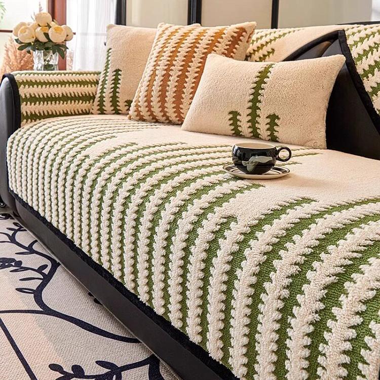 Fine Stripes Green couch cover — Striped & Botanical Plush Non-Slip Couch Cover