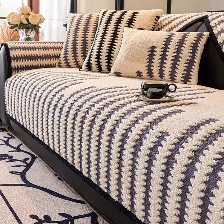 Fine Stripes Gray couch cover — Striped & Botanical Plush Non-Slip Couch Cover